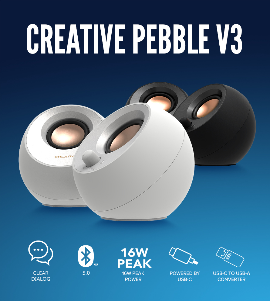 Creative Pebble V3 Minimalistic 2.0 USB-C Desktop Speakers with USB Audio,  Clear Dialog Enhancement, Bluetooth 5.0, 8W RMS with 16W Peak Power, USB-A  Converter Included (White) : Electronics 
